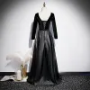 Mode Noire Daim Satin Robe De Soirée 2020 Princesse Transparentes Col v profond Manches Longues Ceinture Longue Dos Nu Robe De Ceremonie