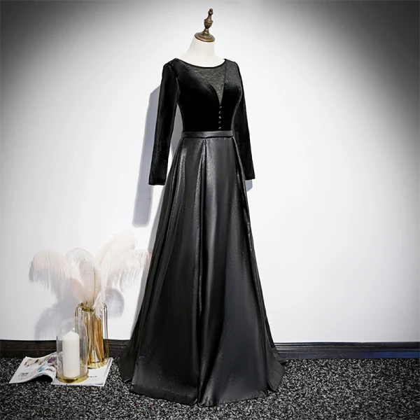 Fashion Black Suede Satin Evening Dresses 2020 A-Line / Princess See-through Deep V-Neck Long Sleeve Sash Floor-Length / Long Backless Formal Dresses