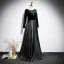 Fashion Black Suede Satin Evening Dresses  2020 A-Line / Princess See-through Deep V-Neck Long Sleeve Sash Floor-Length / Long Backless Formal Dresses