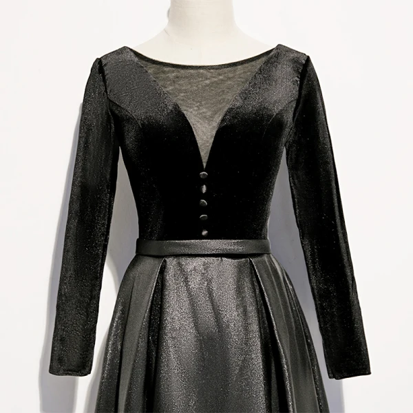 Fashion Black Suede Satin Evening Dresses 2020 A-Line / Princess See-through Deep V-Neck Long Sleeve Sash Floor-Length / Long Backless Formal Dresses