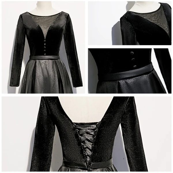 Fashion Black Suede Satin Evening Dresses 2020 A-Line / Princess See-through Deep V-Neck Long Sleeve Sash Floor-Length / Long Backless Formal Dresses