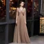 Elegant Brown Evening Dresses  2020 A-Line / Princess V-Neck See-through Long Sleeve Glitter Tulle Floor-Length / Long Formal Dresses