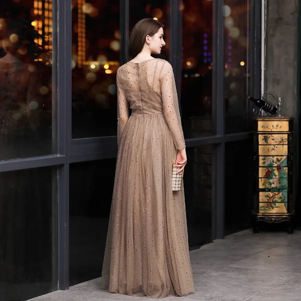 Elegant Brown Evening Dresses 2020 A-Line / Princess V-Neck See-through Long Sleeve Glitter Tulle Floor-Length / Long Formal Dresses