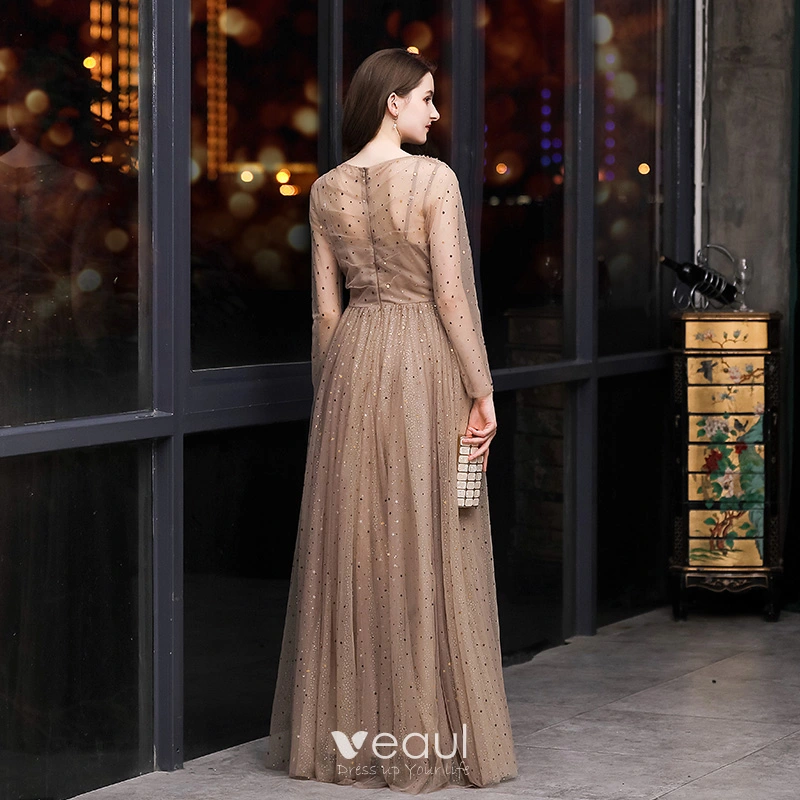 Elegant Brown Evening Dresses 2020 A-Line / Princess V-Neck See-through Long Sleeve Glitter Tulle Floor-Length / Long Formal Dresses Elegant Brown Evening Dresses 2020 A-Line / Princess V-Neck See-through Long Sleeve Glitter Tulle Floor-Length / Long Formal Dresses