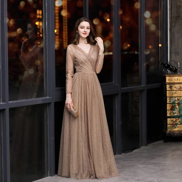 Elegant Brown Evening Dresses 2020 A-Line / Princess V-Neck See-through Long Sleeve Glitter Tulle Floor-Length / Long Formal Dresses