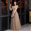 Elegant Brown Evening Dresses  2020 A-Line / Princess V-Neck See-through Long Sleeve Glitter Tulle Floor-Length / Long Formal Dresses