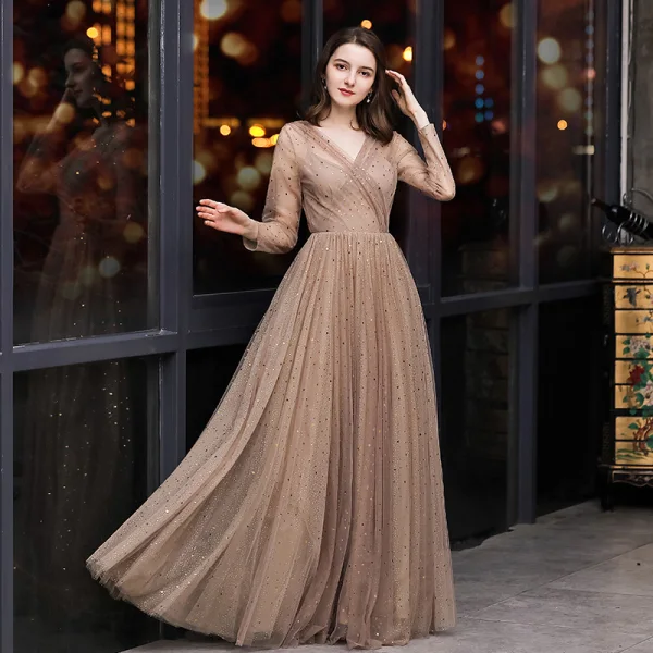 Elegant Brown Evening Dresses 2020 A-Line / Princess V-Neck See-through Long Sleeve Glitter Tulle Floor-Length / Long Formal Dresses