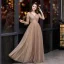 Elegant Brown Evening Dresses  2020 A-Line / Princess V-Neck See-through Long Sleeve Glitter Tulle Floor-Length / Long Formal Dresses