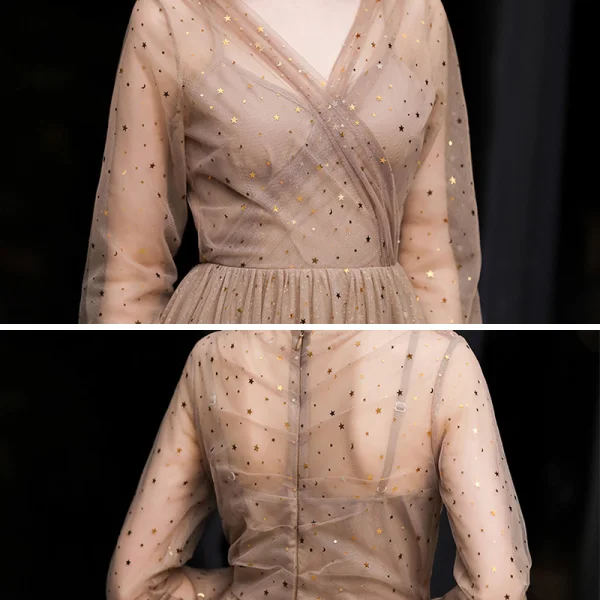 Elegant Brown Evening Dresses 2020 A-Line / Princess V-Neck See-through Long Sleeve Glitter Tulle Floor-Length / Long Formal Dresses