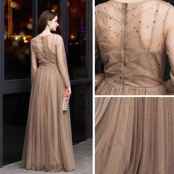 Elegant Brown Evening Dresses 2020 A-Line / Princess V-Neck See-through Long Sleeve Glitter Tulle Floor-Length / Long Formal Dresses