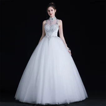 Classique Transparentes Blanche Jardin Extérieur Robe De Mariée 2020 Robe Boule Col Haut Sans Manches Dos Nu Noeud Perlage Longue Volants