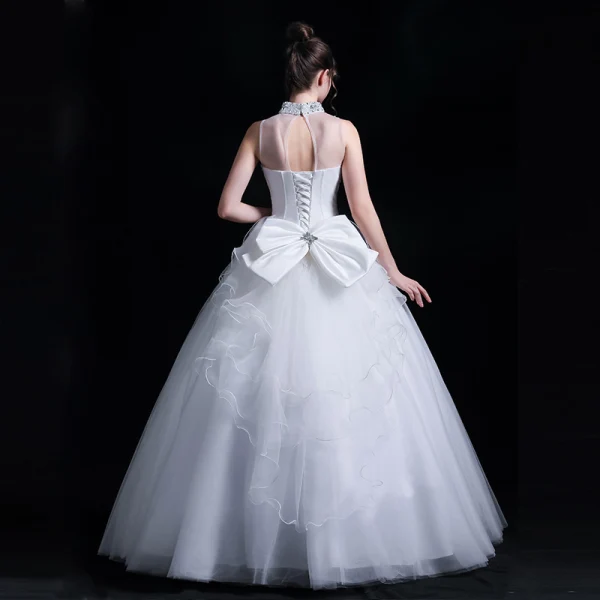 Classic See-through White Outdoor / Garden Wedding Dresses 2020 Ball Gown High Neck Sleeveless Backless Bow Beading Floor-Length / Long Ruffle