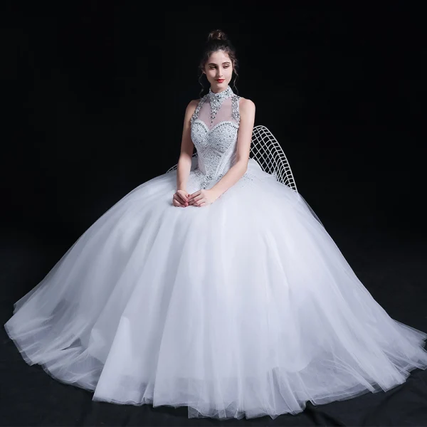Classic See-through White Outdoor / Garden Wedding Dresses 2020 Ball Gown High Neck Sleeveless Backless Bow Beading Floor-Length / Long Ruffle