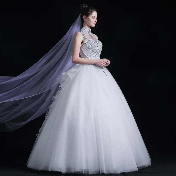 Classic See-through White Outdoor / Garden Wedding Dresses 2020 Ball Gown High Neck Sleeveless Backless Bow Beading Floor-Length / Long Ruffle