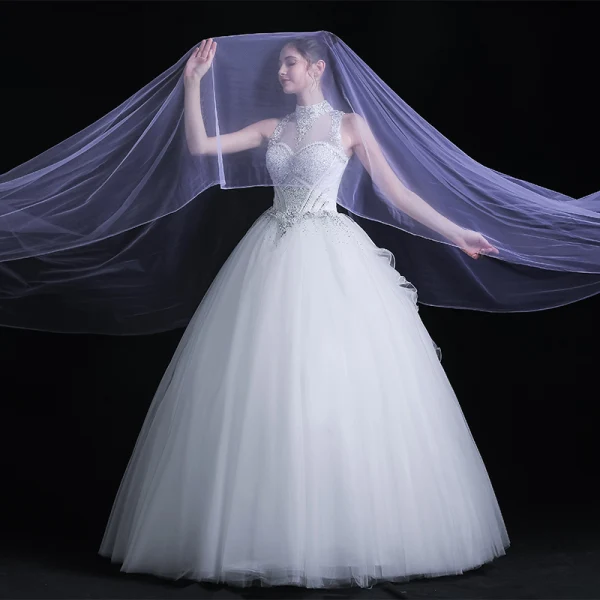 Classic See-through White Outdoor / Garden Wedding Dresses 2020 Ball Gown High Neck Sleeveless Backless Bow Beading Floor-Length / Long Ruffle