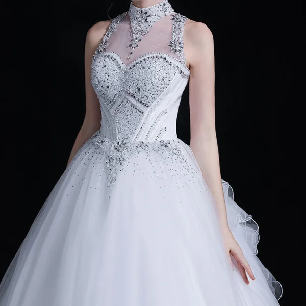 Classic See-through White Outdoor / Garden Wedding Dresses 2020 Ball Gown High Neck Sleeveless Backless Bow Beading Floor-Length / Long Ruffle
