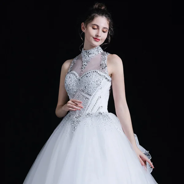 Classic See-through White Outdoor / Garden Wedding Dresses 2020 Ball Gown High Neck Sleeveless Backless Bow Beading Floor-Length / Long Ruffle