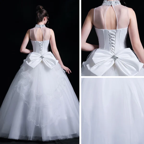 Classic See-through White Outdoor / Garden Wedding Dresses 2020 Ball Gown High Neck Sleeveless Backless Bow Beading Floor-Length / Long Ruffle