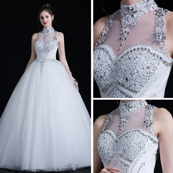 Classic See-through White Outdoor / Garden Wedding Dresses 2020 Ball Gown High Neck Sleeveless Backless Bow Beading Floor-Length / Long Ruffle
