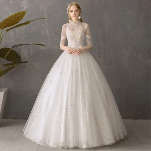 Affordable Ivory See Through Outdoor Garden Wedding Dresses 2019 Ball Gown High Neck Backless 3 4 Sleeve Star Appliques Lace Floor Length Long Ruffle