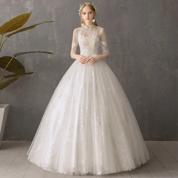 Abordable Ivoire Transparentes Jardin / Extérieur Robe De Mariée 2019 Robe Boule Col Haut Dos Nu 3/4 Manches Étoile Appliques En Dentelle Longue Volants