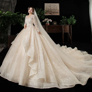 Chic Beautiful Champagne Plus Size Wedding Dresses 2020 Ball Gown V Neck Long Sleeve Backless Appliques Lace Beading Cathedral Train Ruffle