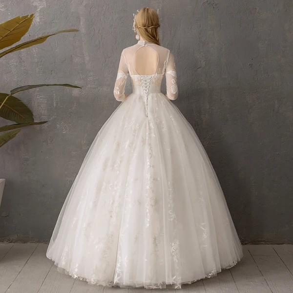Abordable Ivoire Transparentes Jardin / Extérieur Robe De Mariée 2019 Robe Boule Col Haut Dos Nu 3/4 Manches Étoile Appliques En Dentelle Longue Volants
