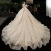 Chic / Beautiful Champagne Plus Size Wedding Dresses 2020 Ball Gown V-Neck Long Sleeve Backless Appliques Lace Beading Cathedral Train Ruffle