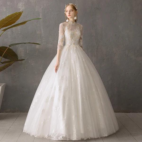 Abordable Ivoire Transparentes Jardin / Extérieur Robe De Mariée 2019 Robe Boule Col Haut Dos Nu 3/4 Manches Étoile Appliques En Dentelle Longue Volants
