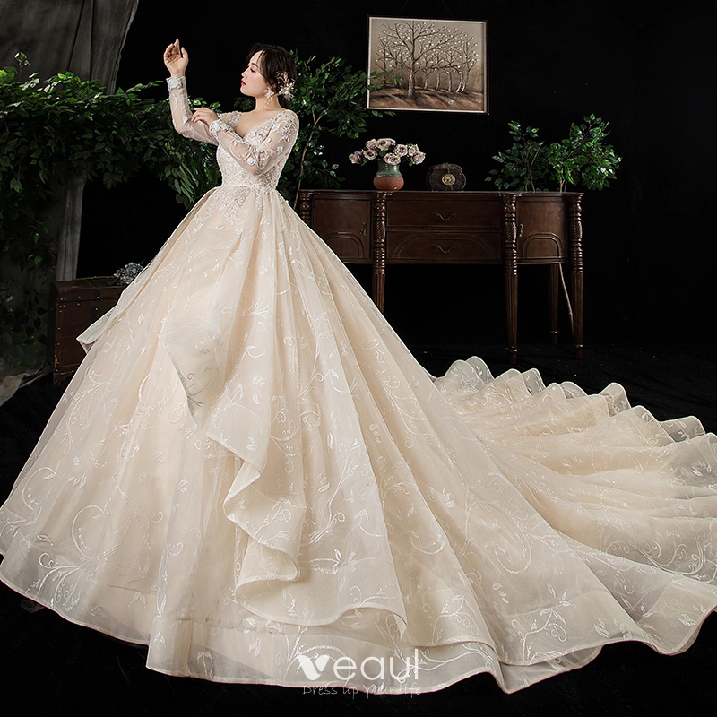 Plus Size Wedding Dresses Long Sleeve V Neck Lace Appliques A Line Bridal  Gowns