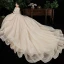 Schöne Champagner Plus Größe Brautkleider / Hochzeitskleider 2020 Ballkleid V-Ausschnitt Lange Ärmel Rückenfreies Applikationen Spitze Perlenstickerei Kathedrale Schleppe Rüschen