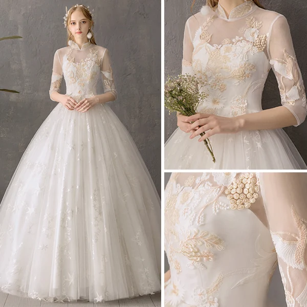Abordable Ivoire Transparentes Jardin / Extérieur Robe De Mariée 2019 Robe Boule Col Haut Dos Nu 3/4 Manches Étoile Appliques En Dentelle Longue Volants