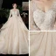 Schöne Champagner Plus Größe Brautkleider / Hochzeitskleider 2020 Ballkleid V-Ausschnitt Lange Ärmel Rückenfreies Applikationen Spitze Perlenstickerei Kathedrale Schleppe Rüschen
