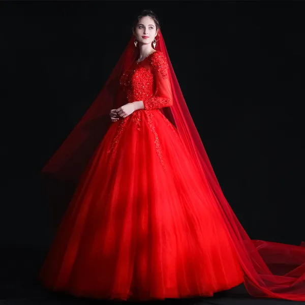 Blygsam Muslimsk Röd Bröllopsklänningar 2020 Balklänning Genomskinliga Fyrkantig Ringning Långärmad Appliqués Spets Beading Långa Ruffle
