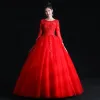Modest  Muslim Red Wedding Dresses 2020 Ball Gown See-through Square Neckline Long Sleeve Appliques Lace Beading Floor-Length / Long Ruffle