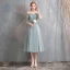 Affordable Green Bridesmaid Dresses 2020 A-Line / Princess Off-The-Shoulder Bell sleeves Appliques Lace Tea-length Ruffle Backless Wedding Party Dresses