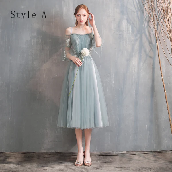 Affordable Green Bridesmaid Dresses 2020 A-Line / Princess Off-The-Shoulder Bell sleeves Appliques Lace Tea-length Ruffle Backless Wedding Party Dresses