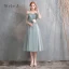 Affordable Green Bridesmaid Dresses 2020 A-Line / Princess Off-The-Shoulder Bell sleeves Appliques Lace Tea-length Ruffle Backless Wedding Party Dresses