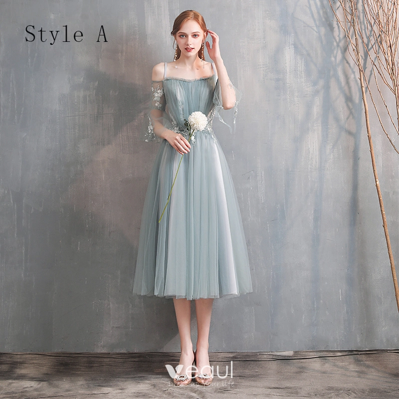 Affordable Green Bridesmaid Dresses 2020 A-Line / Princess Off-The-Shoulder Bell sleeves Appliques Lace Tea-length Ruffle Backless Wedding Party
