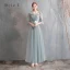 Affordable Green Bridesmaid Dresses 2020 A-Line / Princess Off-The-Shoulder Bell sleeves Appliques Lace Tea-length Ruffle Backless Wedding Party Dresses