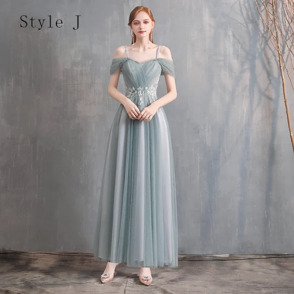 Affordable Green Bridesmaid Dresses 2020 A-Line / Princess Off-The-Shoulder Bell sleeves Appliques Lace Tea-length Ruffle Backless Wedding Party Dresses
