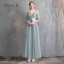 Affordable Green Bridesmaid Dresses 2020 A-Line / Princess Off-The-Shoulder Bell sleeves Appliques Lace Tea-length Ruffle Backless Wedding Party Dresses