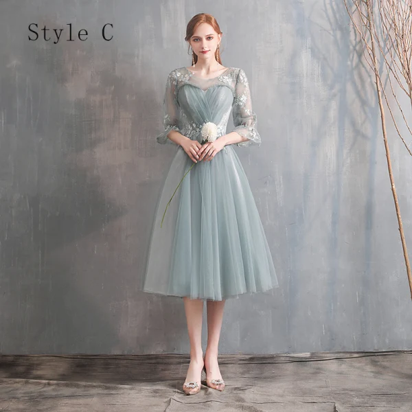 Affordable Green Bridesmaid Dresses 2020 A-Line / Princess Off-The-Shoulder Bell sleeves Appliques Lace Tea-length Ruffle Backless Wedding Party Dresses
