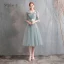 Affordable Green Bridesmaid Dresses 2020 A-Line / Princess Off-The-Shoulder Bell sleeves Appliques Lace Tea-length Ruffle Backless Wedding Party Dresses