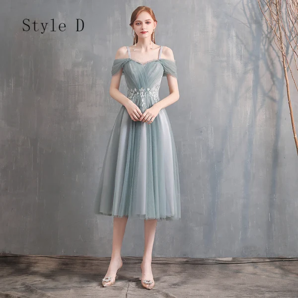 Affordable Green Bridesmaid Dresses 2020 A-Line / Princess Off-The-Shoulder Bell sleeves Appliques Lace Tea-length Ruffle Backless Wedding Party Dresses