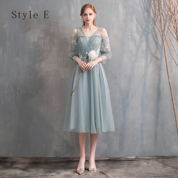 Affordable Green Bridesmaid Dresses 2020 A-Line / Princess Off-The-Shoulder Bell sleeves Appliques Lace Tea-length Ruffle Backless Wedding Party Dresses