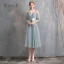 Affordable Green Bridesmaid Dresses 2020 A-Line / Princess Off-The-Shoulder Bell sleeves Appliques Lace Tea-length Ruffle Backless Wedding Party Dresses