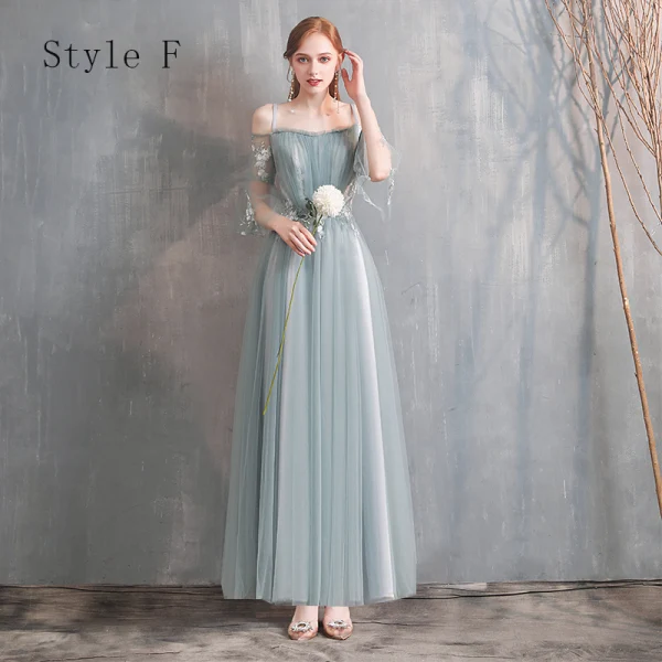 Affordable Green Bridesmaid Dresses 2020 A-Line / Princess Off-The-Shoulder Bell sleeves Appliques Lace Tea-length Ruffle Backless Wedding Party Dresses