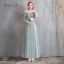 Affordable Green Bridesmaid Dresses 2020 A-Line / Princess Off-The-Shoulder Bell sleeves Appliques Lace Tea-length Ruffle Backless Wedding Party Dresses