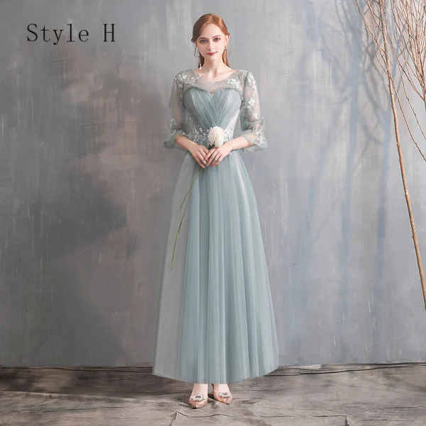 Affordable Green Bridesmaid Dresses 2020 A-Line / Princess Off-The-Shoulder Bell sleeves Appliques Lace Tea-length Ruffle Backless Wedding Party Dresses